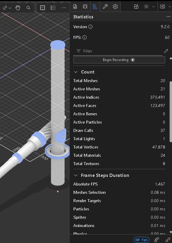 Babylon.js Inspector 성능 확인 화면